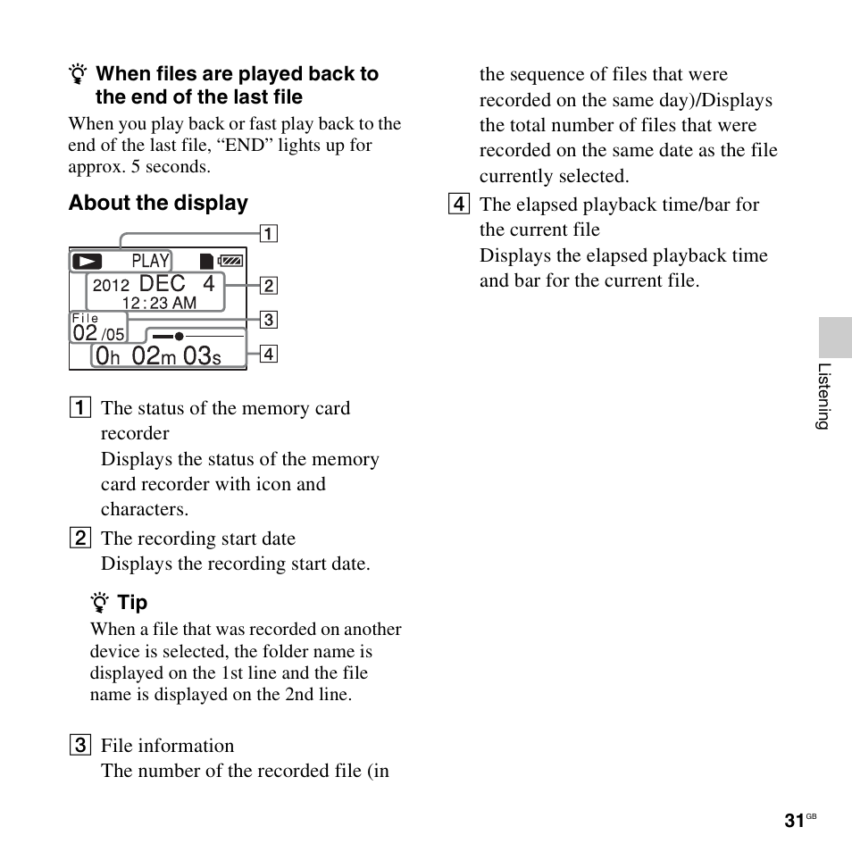 About the display | Sony ICD-LX30 User Manual | Page 31 / 59