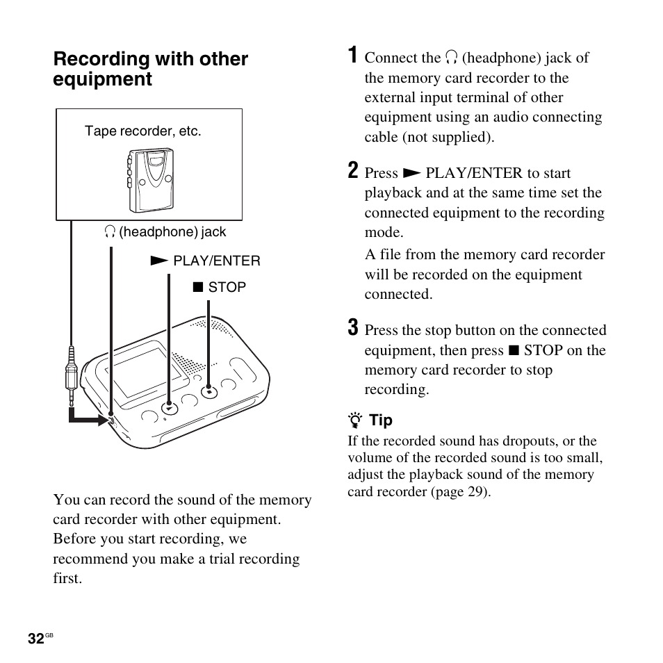 Recording with other equipment | Sony ICD-LX30 User Manual | Page 32 / 59