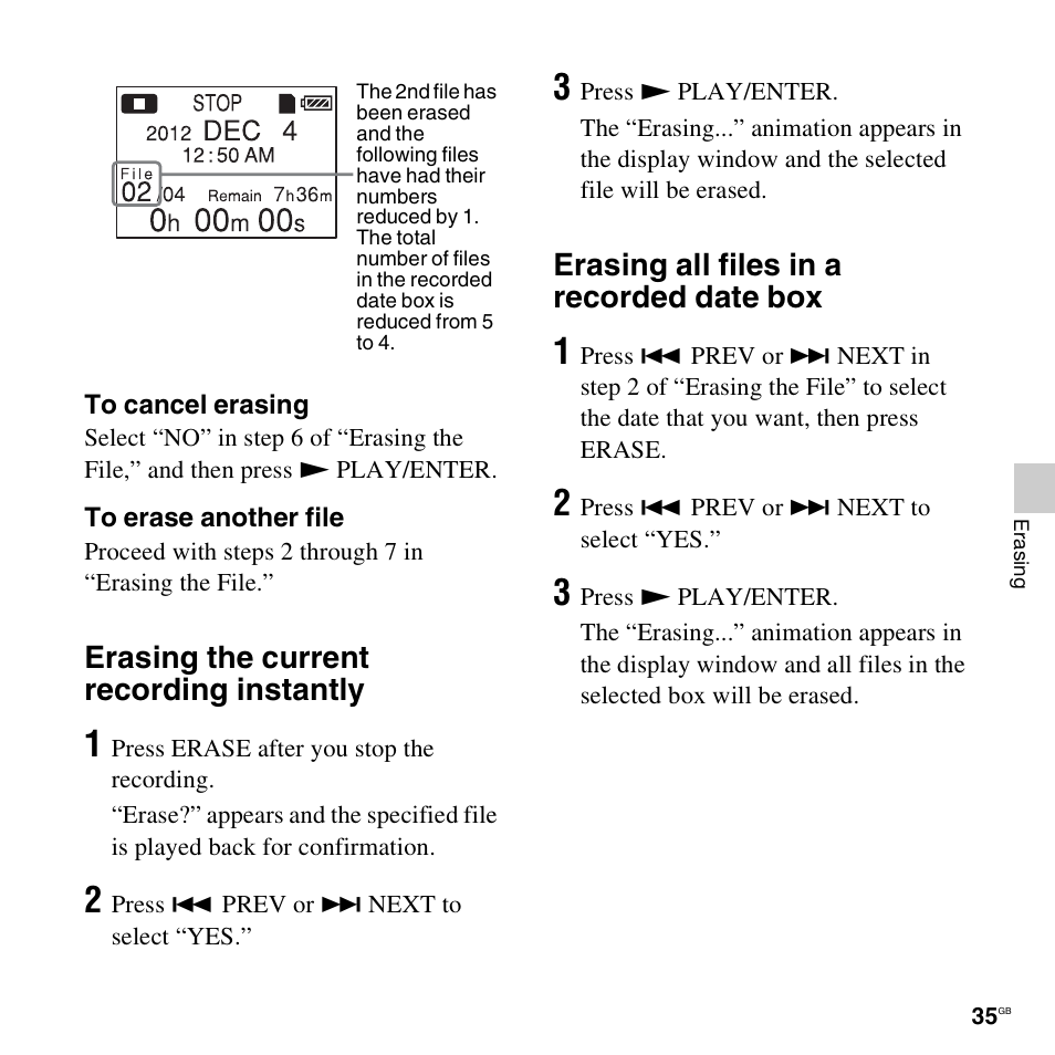 Erasing the current recording instantly, Erasing all files in a recorded date box | Sony ICD-LX30 User Manual | Page 35 / 59