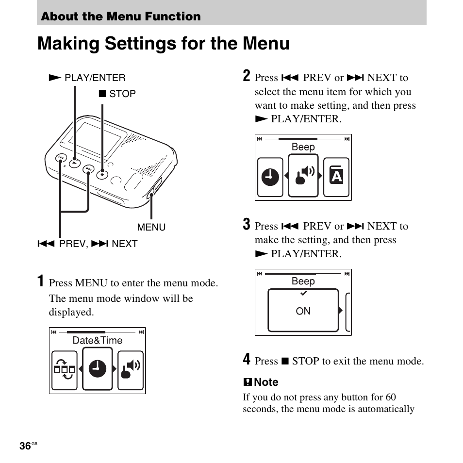 About the menu function, Making settings for the menu | Sony ICD-LX30 User Manual | Page 36 / 59