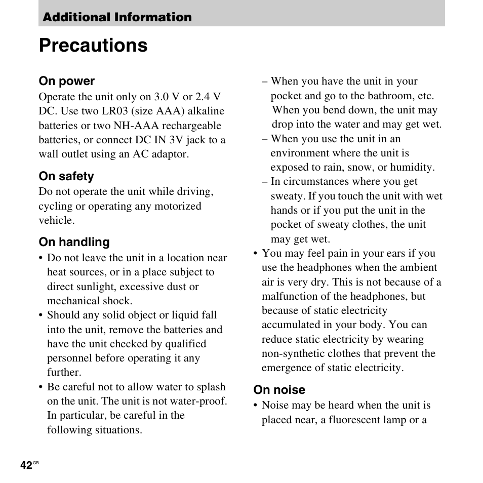 Additional information, Precautions | Sony ICD-LX30 User Manual | Page 42 / 59