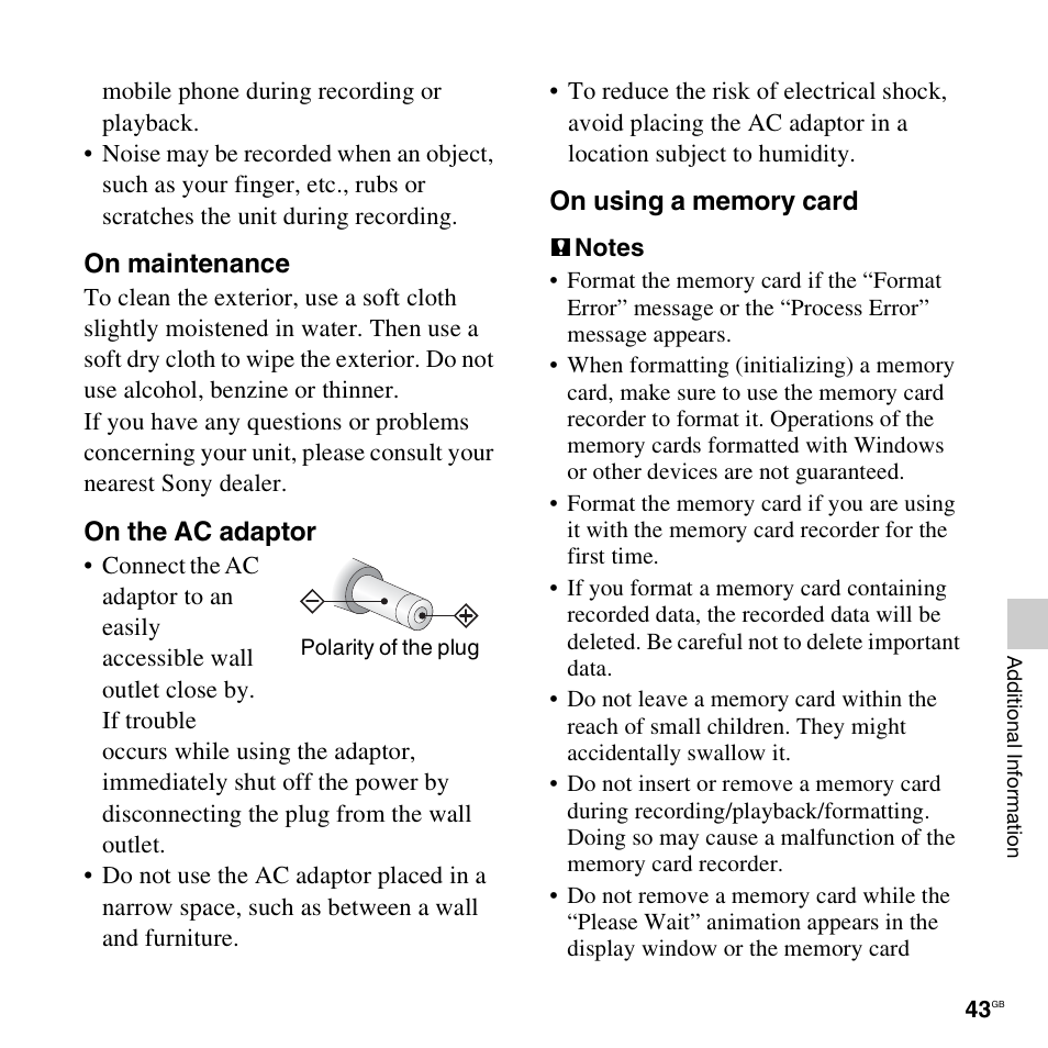 On maintenance, On the ac adaptor | Sony ICD-LX30 User Manual | Page 43 / 59