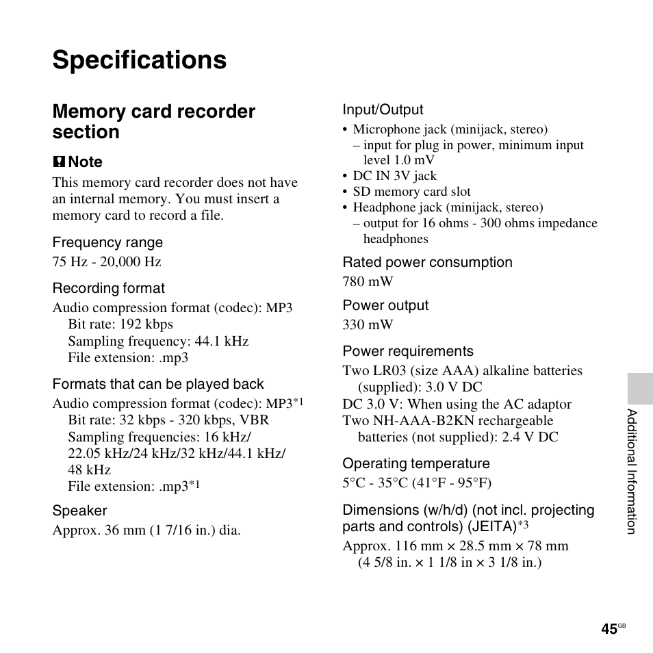 Specifications, Memory card recorder section | Sony ICD-LX30 User Manual | Page 45 / 59