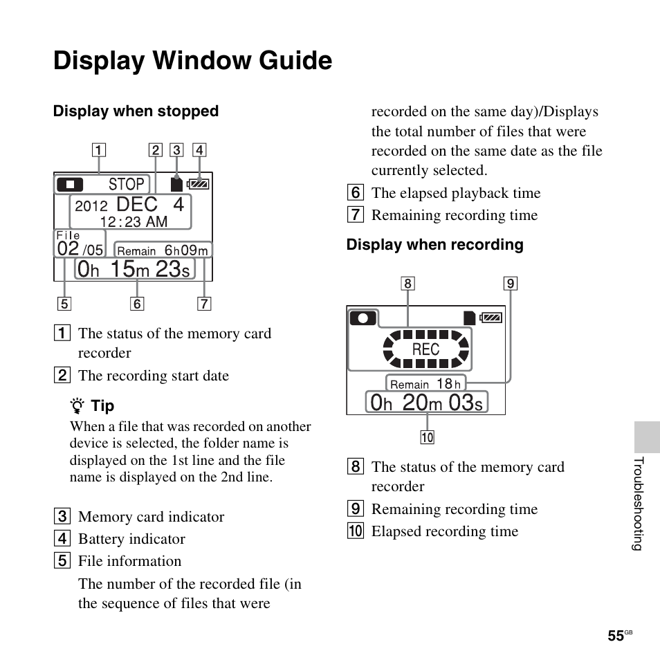 Display window guide | Sony ICD-LX30 User Manual | Page 55 / 59