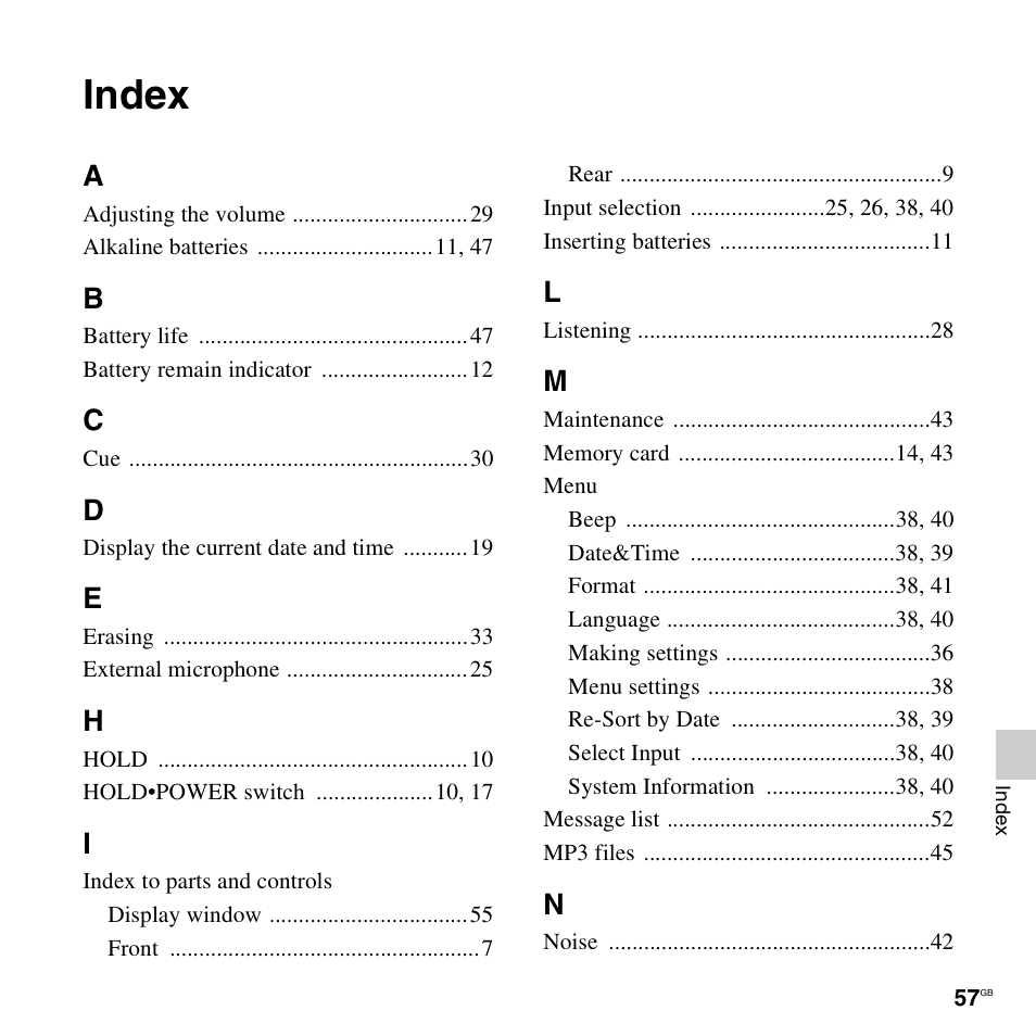 Index | Sony ICD-LX30 User Manual | Page 57 / 59