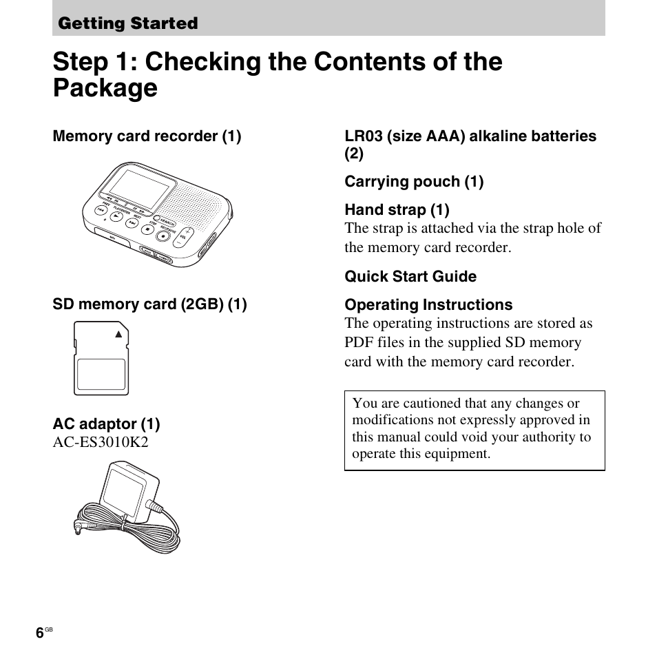 Getting started, Step 1: checking the contents of the package | Sony ICD-LX30 User Manual | Page 6 / 59