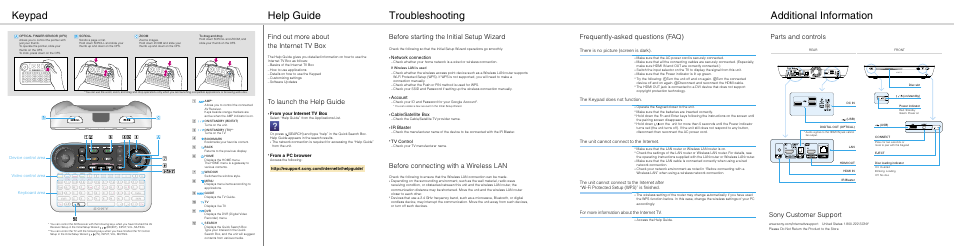 Help guide, Troubleshooting, Additional information | Keypad, Find out more about the internet tv box, Before starting the initial setup wizard, Before connecting with a wireless lan, Parts and controls, Sony customer support, Frequently-asked questions (faq) | Sony NSZ-GT1 User Manual | Page 2 / 2