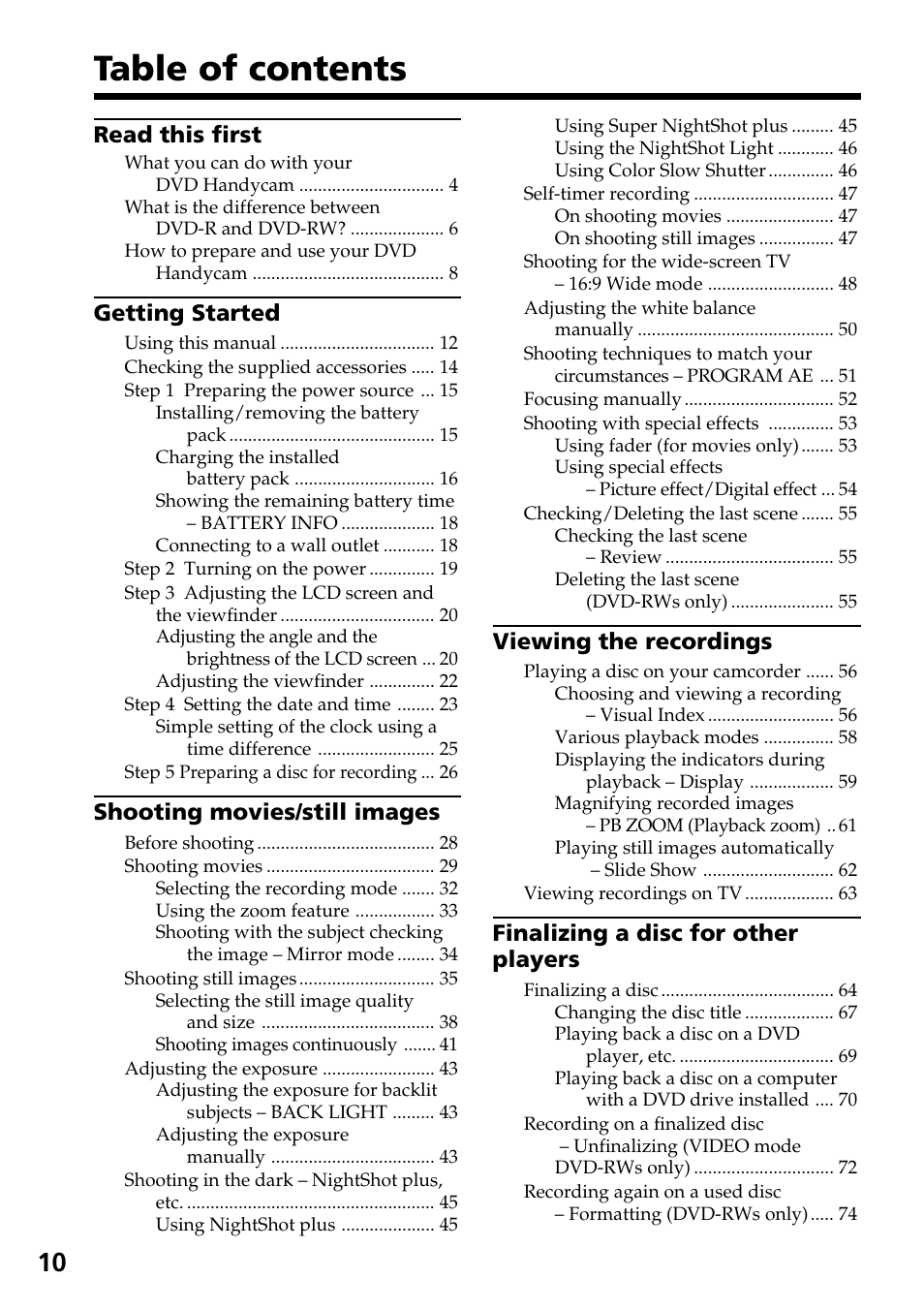 Sony DCR-DVD301 User Manual | Page 10 / 148