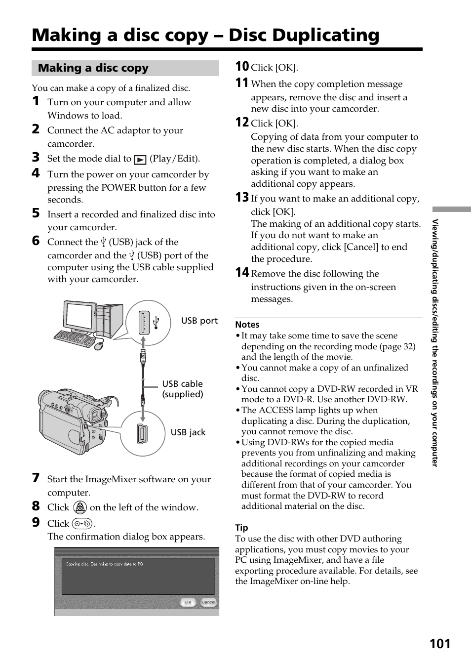 Making a disc copy – disc duplicating, Making a disc copy, Disc duplicating making a disc copy | Sony DCR-DVD301 User Manual | Page 101 / 148