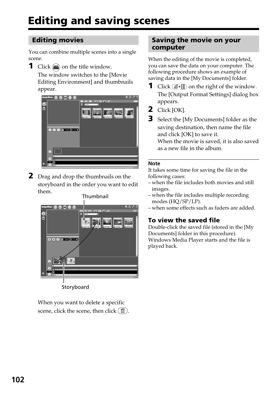 Editing and saving scenes, Editing movies, Saving the movie on your computer | Editing movies saving the movie, On your computer | Sony DCR-DVD301 User Manual | Page 102 / 148