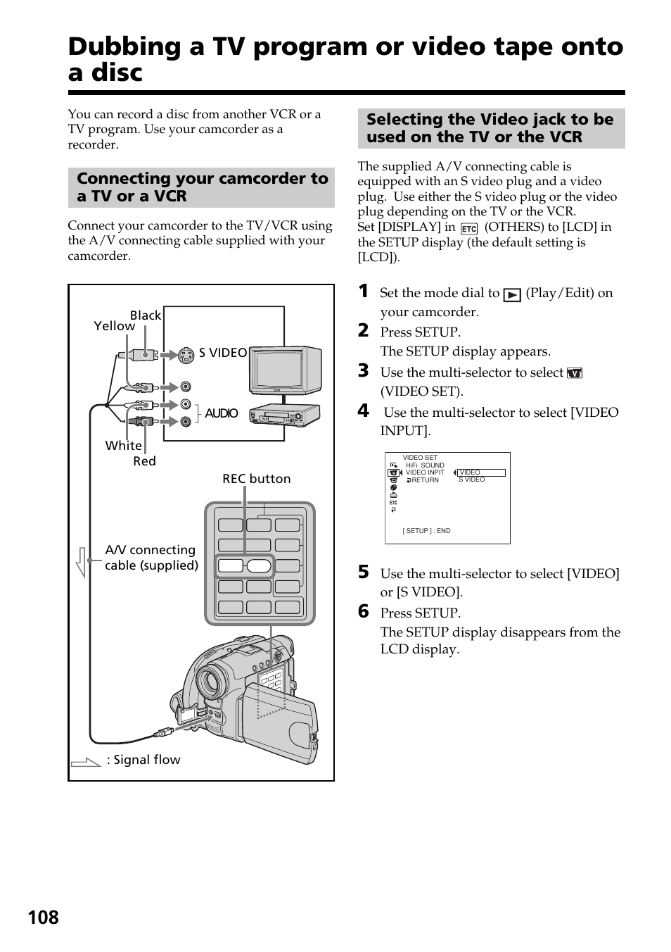 Dubbing a tv program or video tape onto a disc, Connecting your camcorder to a tv or a vcr, Dubbing a tv program or video tape | Onto a disc connecting your camcorder to a tv, Or a vcr, Selecting the video jack to be used, On the tv or the vcr | Sony DCR-DVD301 User Manual | Page 108 / 148