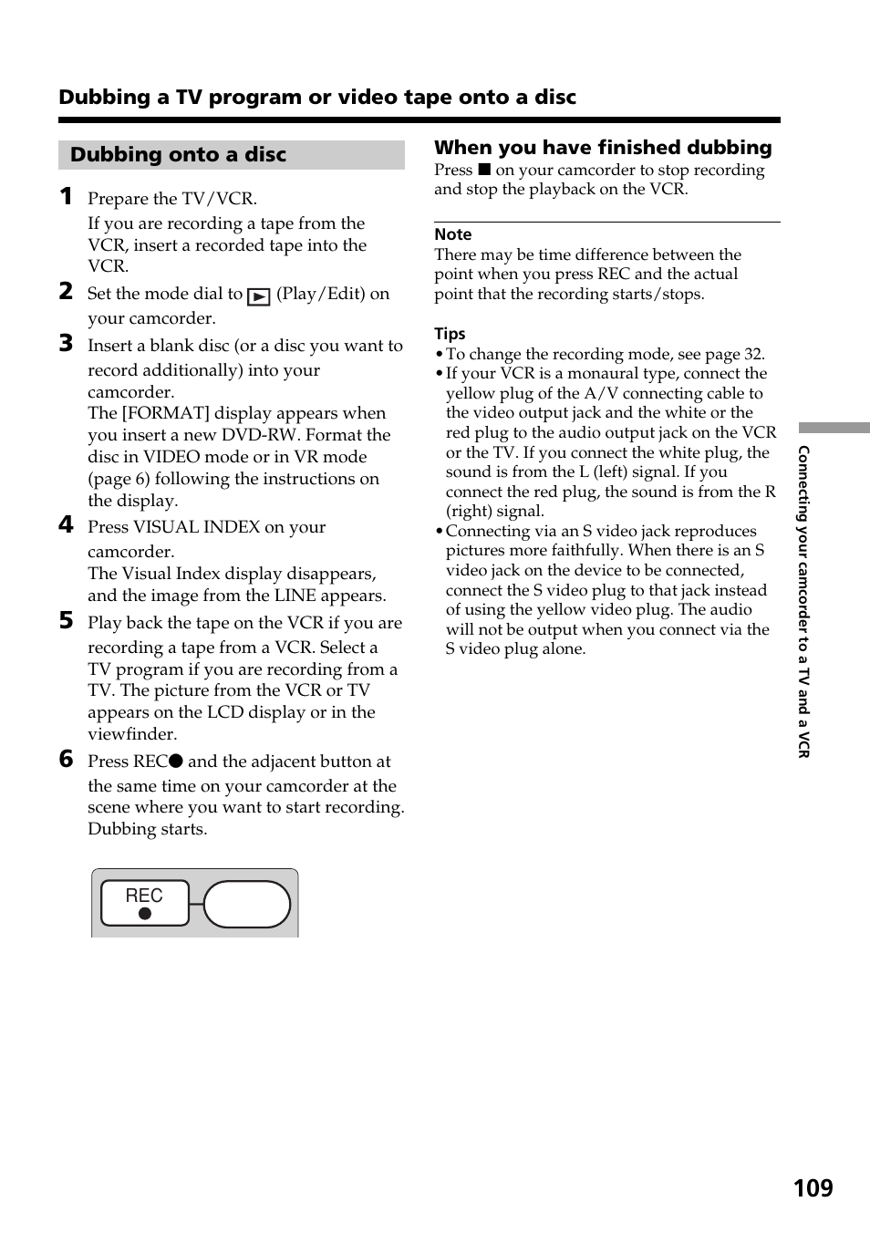 Dubbing onto a disc | Sony DCR-DVD301 User Manual | Page 109 / 148