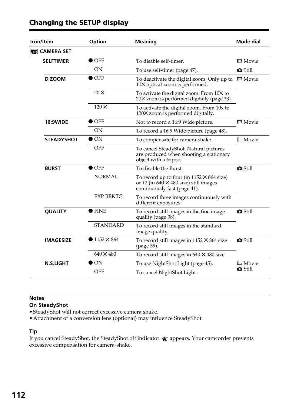 Changing the setup display | Sony DCR-DVD301 User Manual | Page 112 / 148