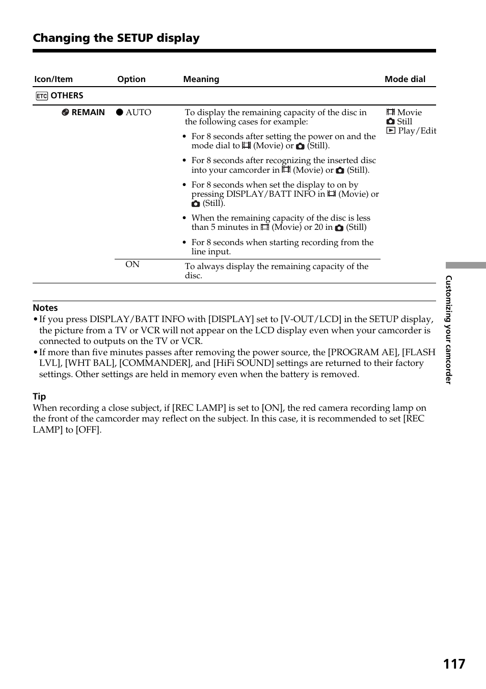 Changing the setup display | Sony DCR-DVD301 User Manual | Page 117 / 148