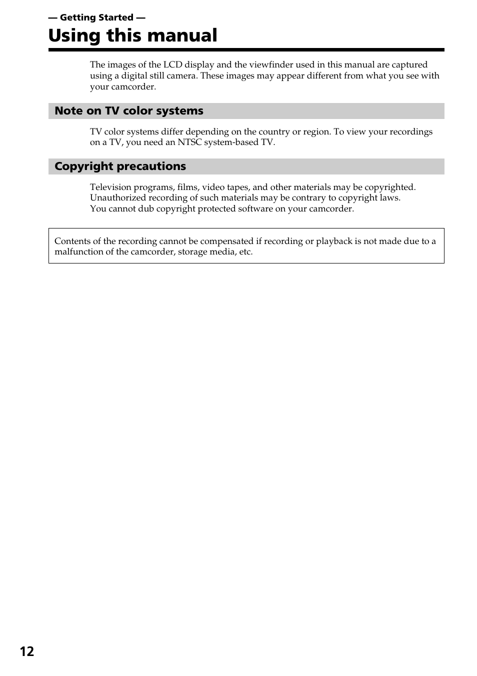 Getting started, Using this manual | Sony DCR-DVD301 User Manual | Page 12 / 148