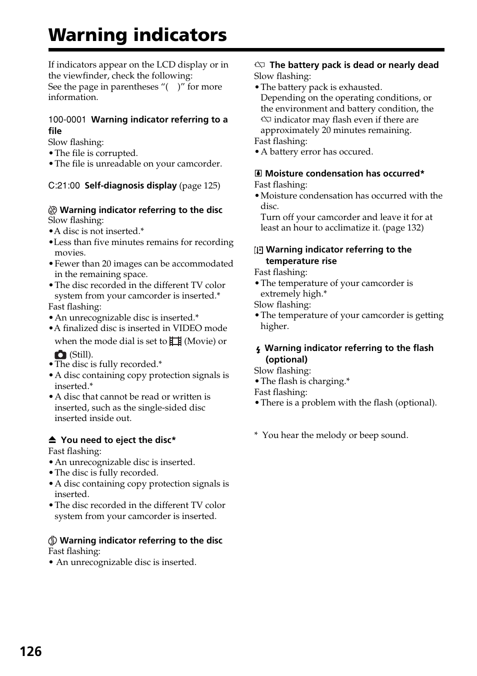 Warning indicators | Sony DCR-DVD301 User Manual | Page 126 / 148