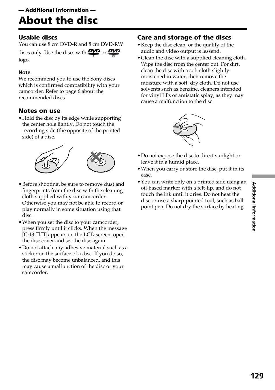 Additional information, About the disc | Sony DCR-DVD301 User Manual | Page 129 / 148