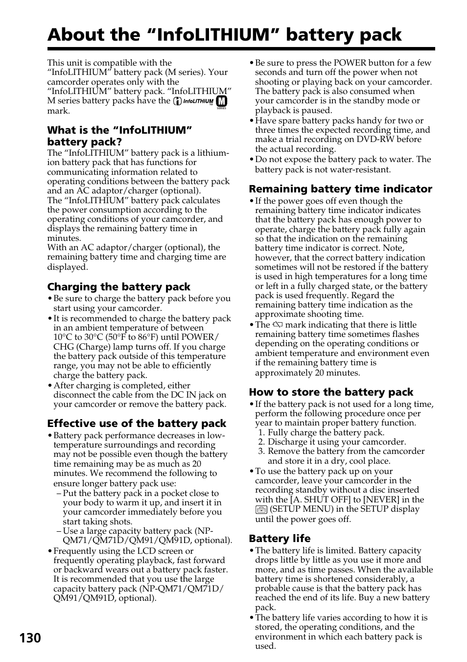 About the “infolithium” battery pack, About the “infolithium, Battery pack | Sony DCR-DVD301 User Manual | Page 130 / 148