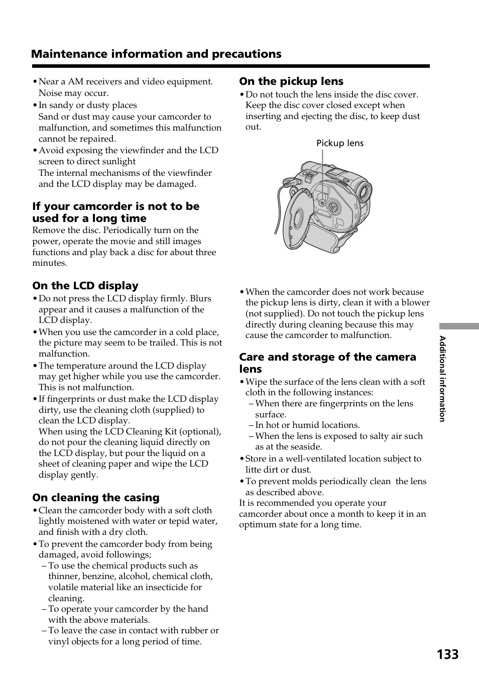 Maintenance information and precautions | Sony DCR-DVD301 User Manual | Page 133 / 148