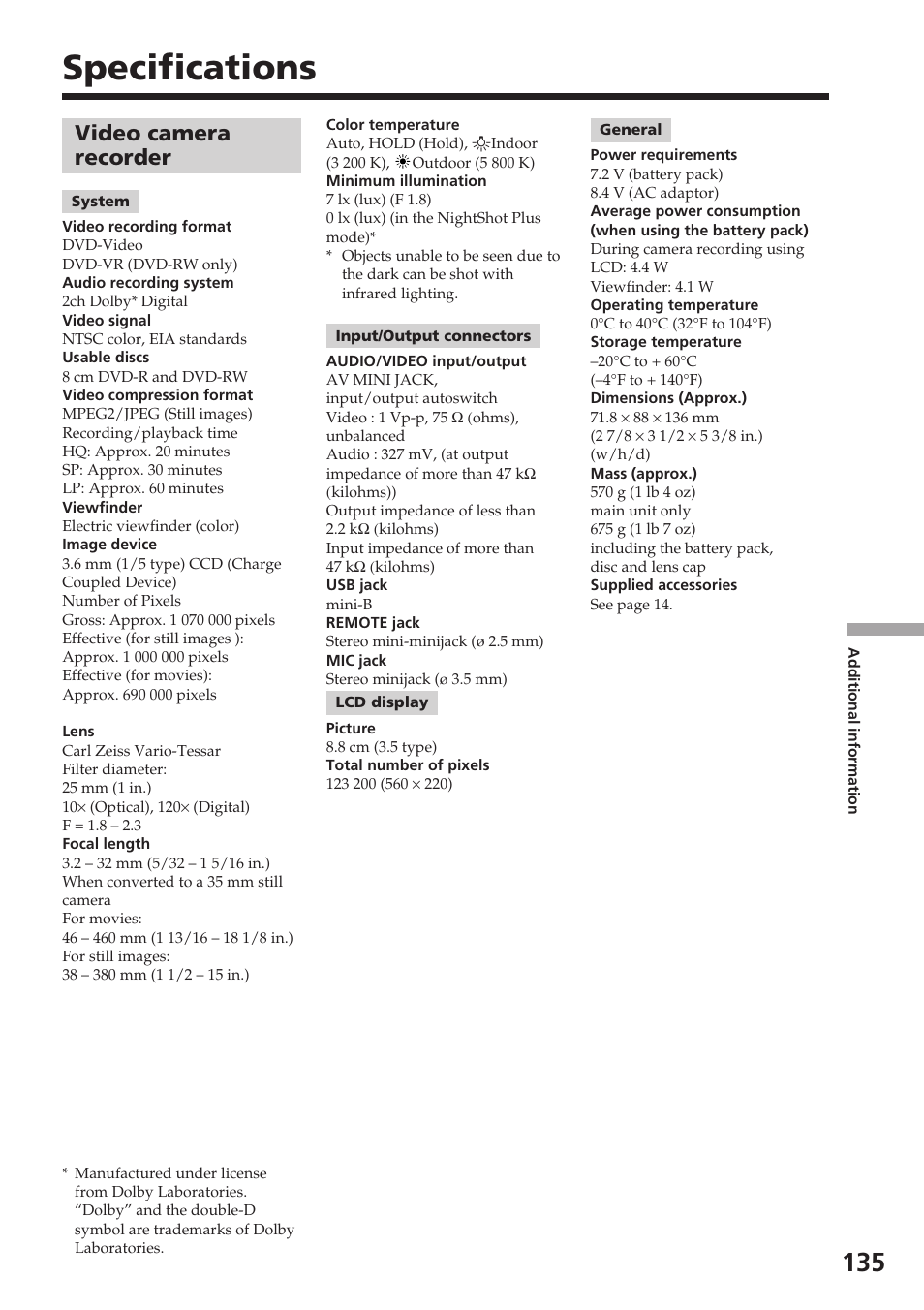 Specifications, Video camera recorder | Sony DCR-DVD301 User Manual | Page 135 / 148