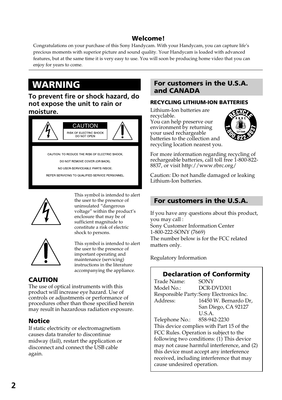 Warning | Sony DCR-DVD301 User Manual | Page 2 / 148