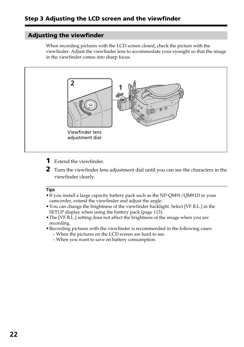 Adjusting the viewfinder | Sony DCR-DVD301 User Manual | Page 22 / 148