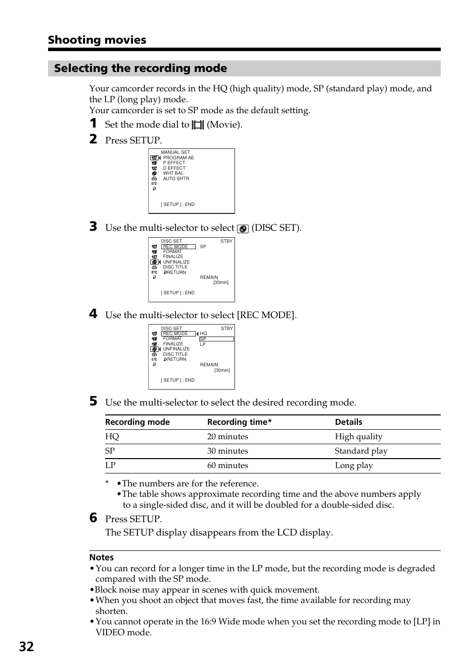 Selecting the recording mode, Shooting movies selecting the recording mode, Set the mode dial to (movie) | Press setup, Use the multi-selector to select (disc set), Use the multi-selector to select [rec mode | Sony DCR-DVD301 User Manual | Page 32 / 148