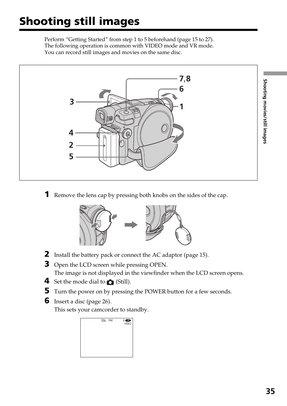 Shooting still images | Sony DCR-DVD301 User Manual | Page 35 / 148