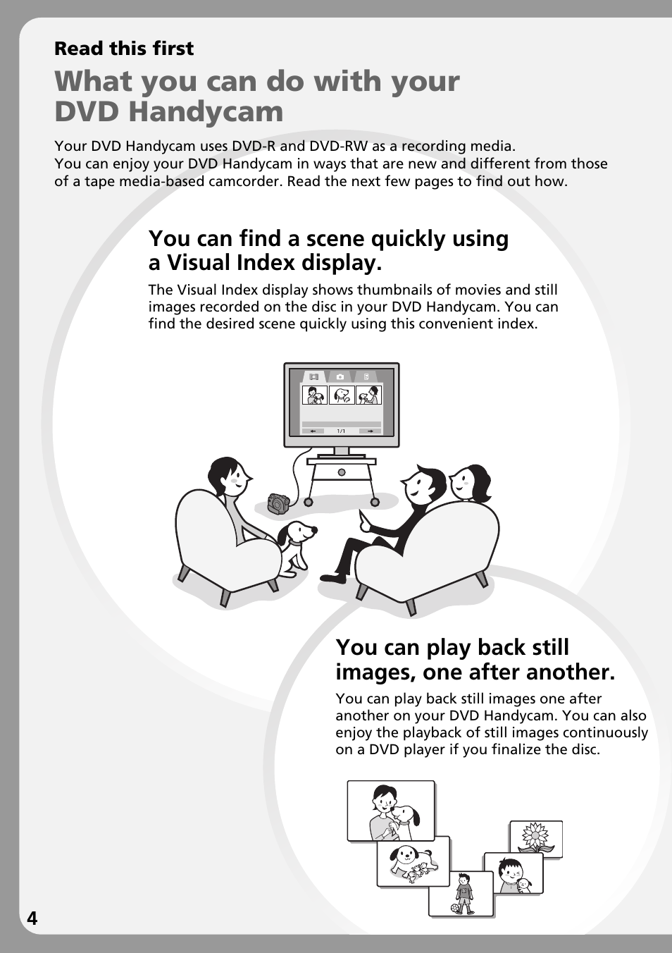 Read this first, What you can do with your dvd handycam, You can play back still images, one after another | Sony DCR-DVD301 User Manual | Page 4 / 148