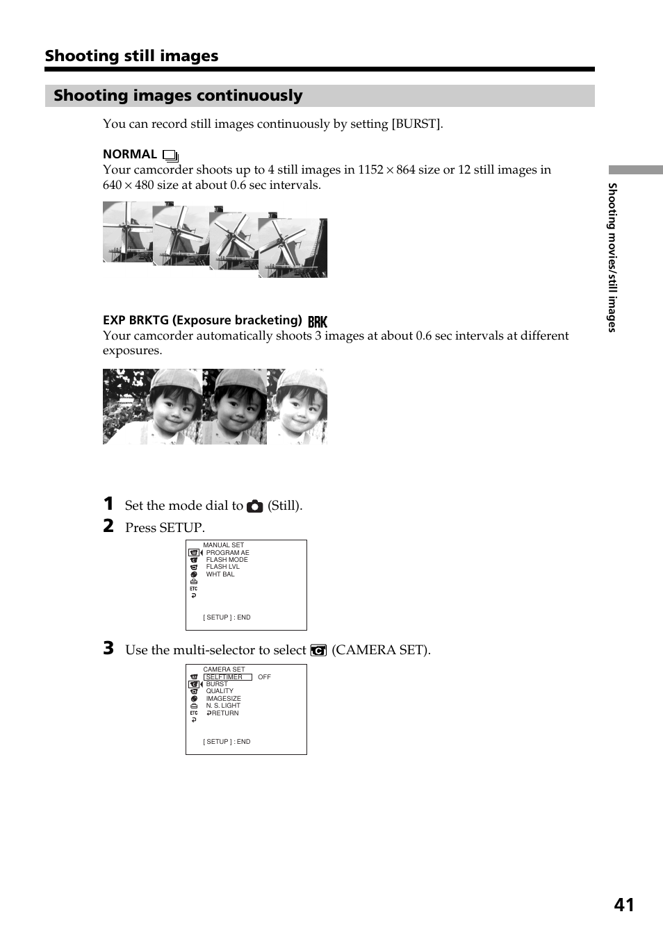 Shooting images continuously, Shooting still images shooting images continuously | Sony DCR-DVD301 User Manual | Page 41 / 148