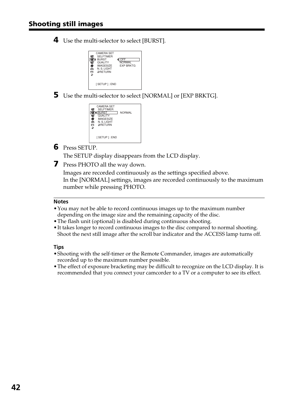 Shooting still images, Use the multi-selector to select [burst | Sony DCR-DVD301 User Manual | Page 42 / 148