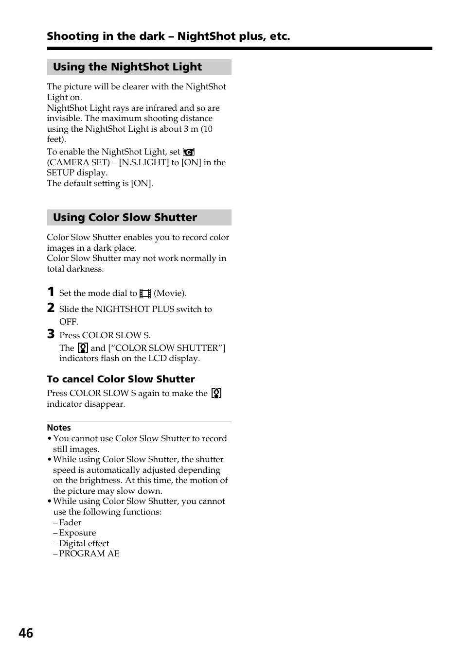 Using the nightshot light, Using color slow shutter, Using the nightshot light using color slow shutter | Sony DCR-DVD301 User Manual | Page 46 / 148