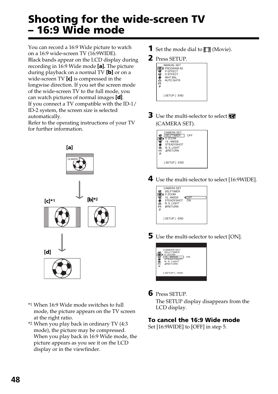 Shooting for the wide-screen tv – 16:9 wide mode, Shooting for the wide-screen tv, 9 wide mode | Sony DCR-DVD301 User Manual | Page 48 / 148