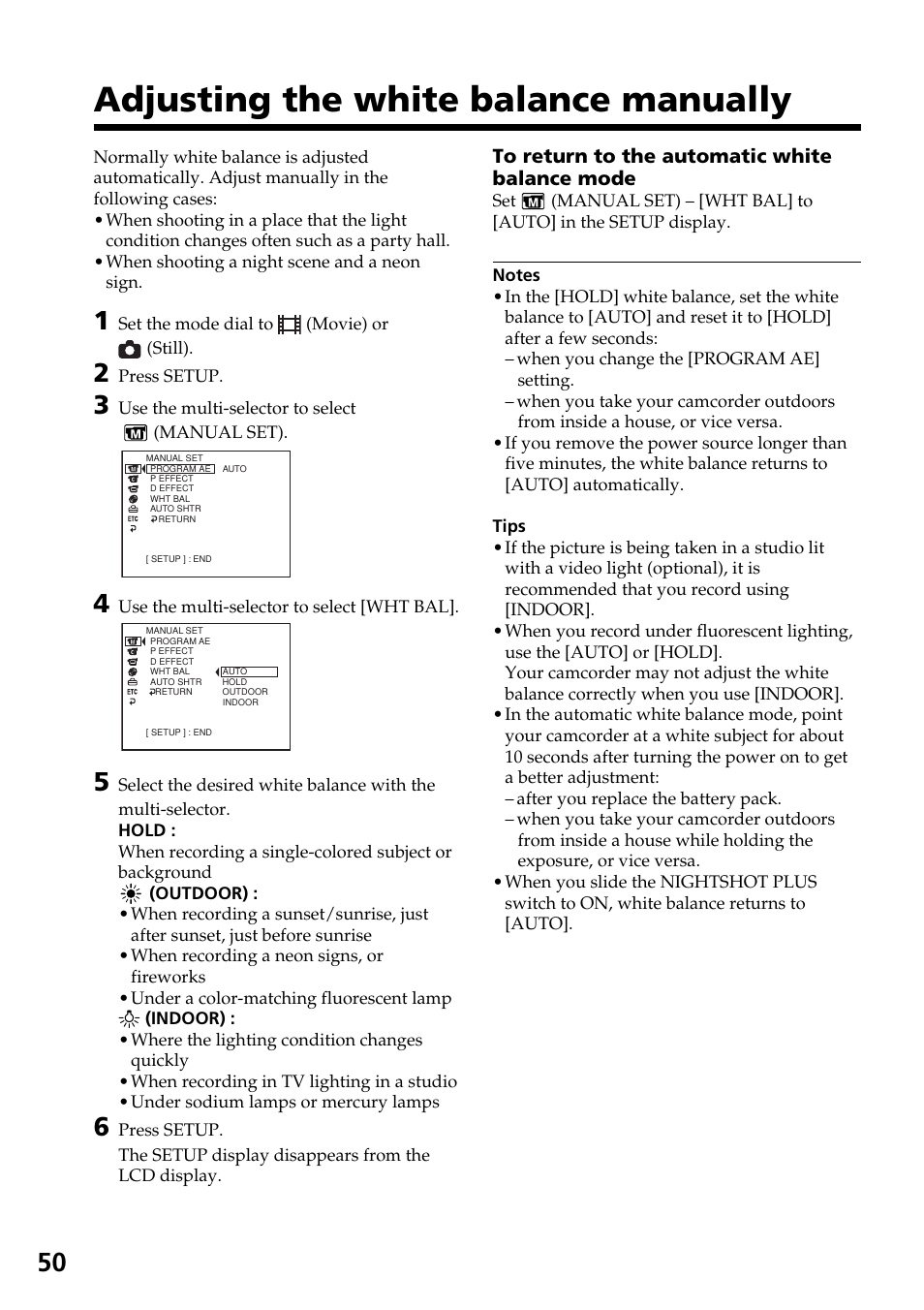 Adjusting the white balance manually, Adjusting the white balance, Manually | Sony DCR-DVD301 User Manual | Page 50 / 148