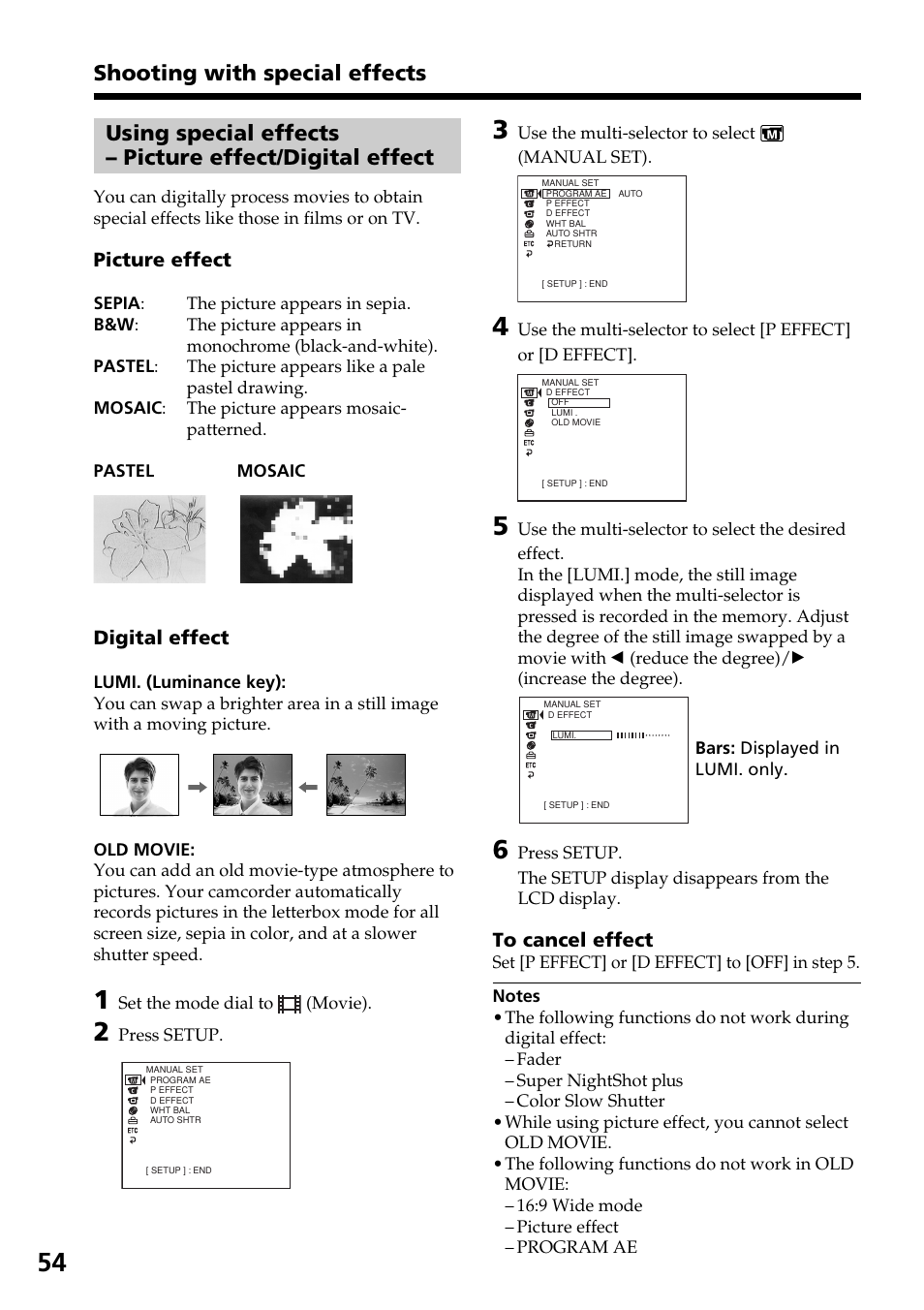 Using special effects, Picture effect/digital effect, Picture effect | Digital effect | Sony DCR-DVD301 User Manual | Page 54 / 148