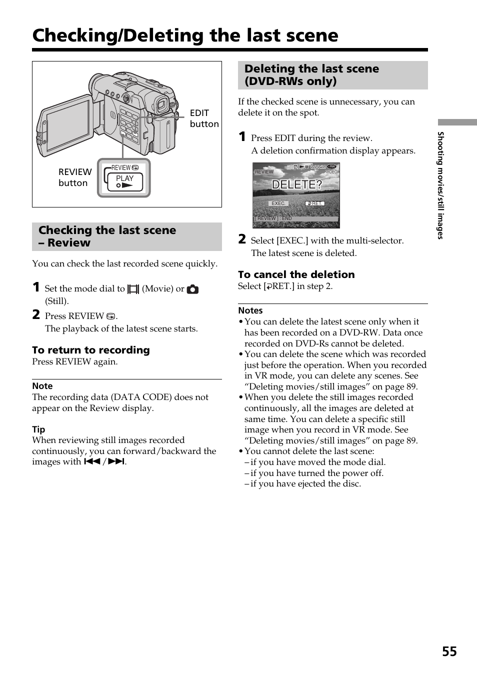 Checking/deleting the last scene, Checking the last scene – review, Deleting the last scene (dvd-rws only) | Checking the last scene, Review, Deleting the last scene, Dvd-rws only), Delete | Sony DCR-DVD301 User Manual | Page 55 / 148