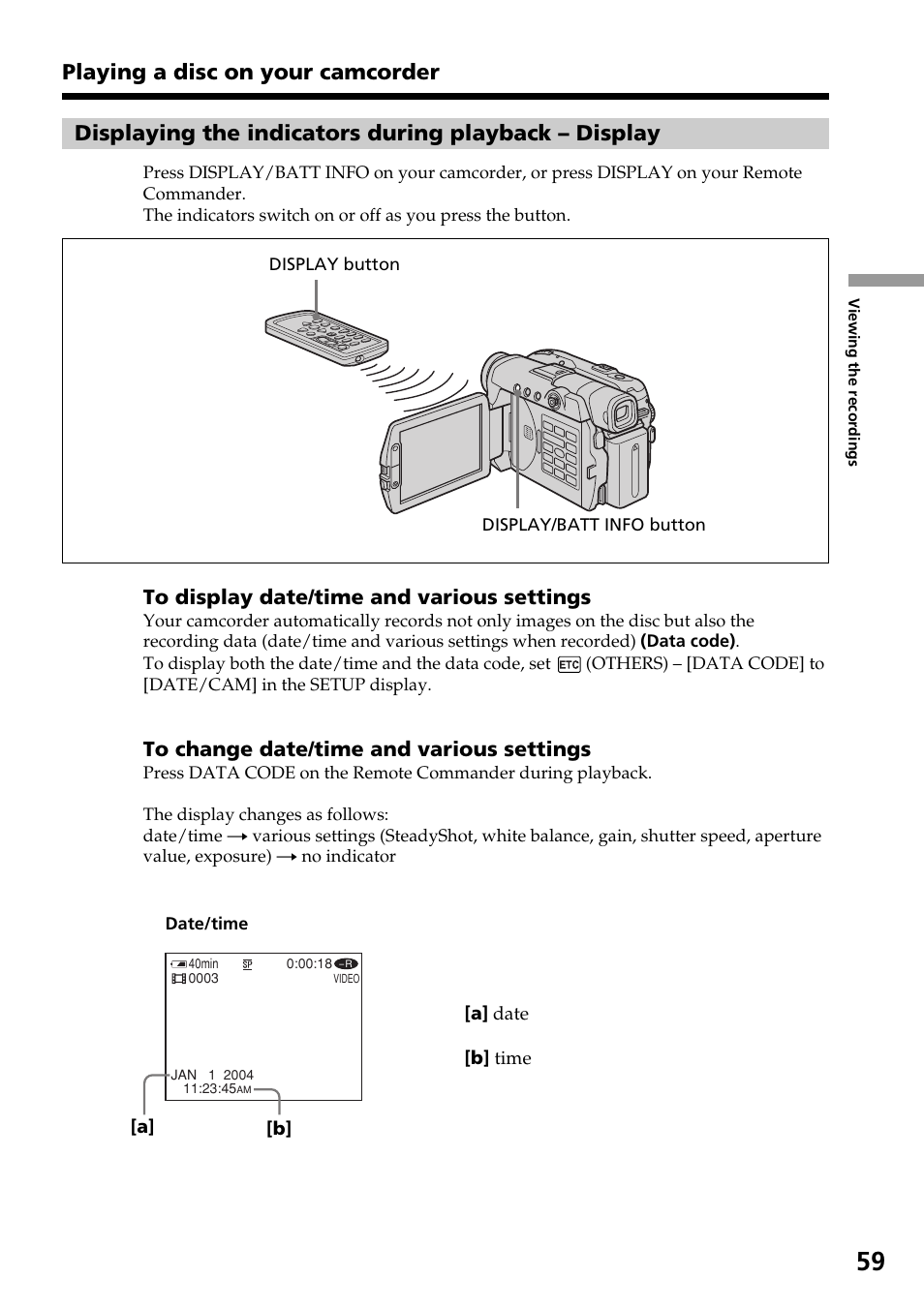 Displaying the indicators during, Playback – display, Playing a disc on your camcorder | Sony DCR-DVD301 User Manual | Page 59 / 148