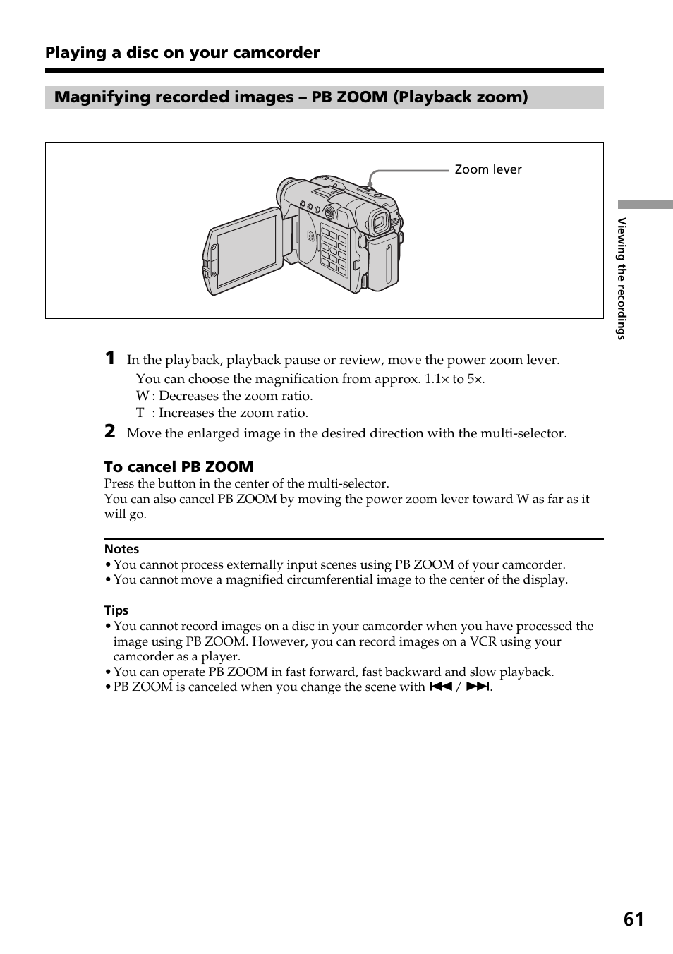 Magnifying recorded images, Pb zoom (playback zoom) | Sony DCR-DVD301 User Manual | Page 61 / 148