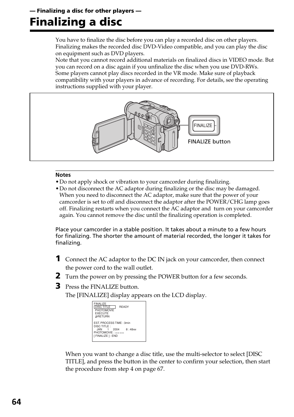 Finalizing a disc for other players, Finalizing a disc | Sony DCR-DVD301 User Manual | Page 64 / 148