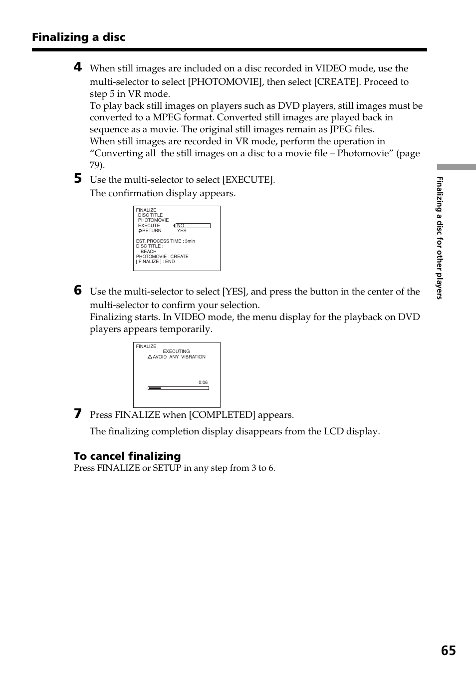 Finalizing a disc | Sony DCR-DVD301 User Manual | Page 65 / 148