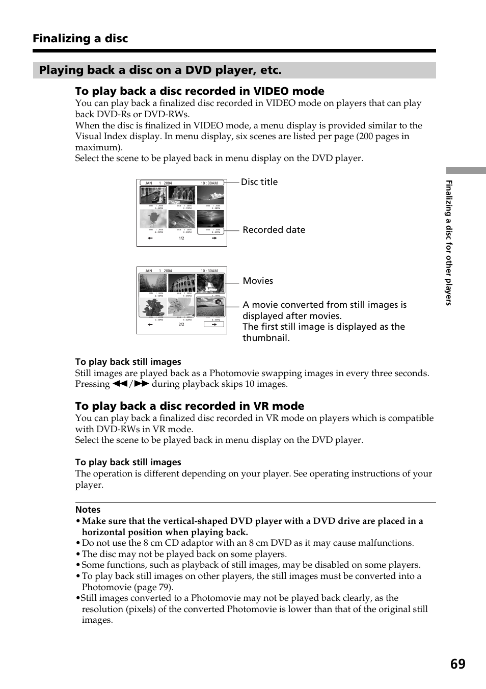 Playing back a disc on a dvd player, etc, Playing back a disc on a dvd, Player, etc | Finalizing a disc for other players | Sony DCR-DVD301 User Manual | Page 69 / 148