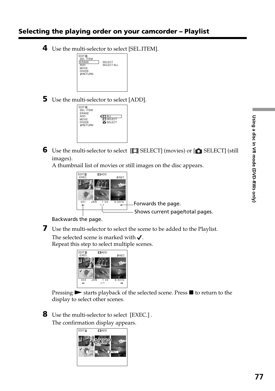 Use the multi-selector to select [sel.item, Use the multi-selector to select [add, Forwards the page. shows current page/total pages | Backwards the page | Sony DCR-DVD301 User Manual | Page 77 / 148