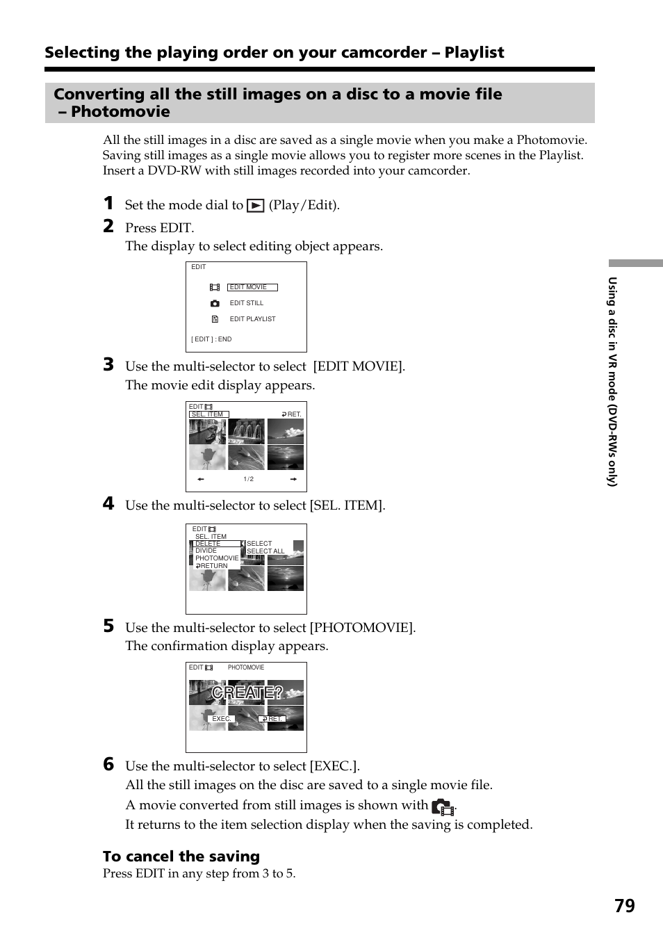 Converting all the still images on a, Disc to a movie file – photomovie, Create | Sony DCR-DVD301 User Manual | Page 79 / 148