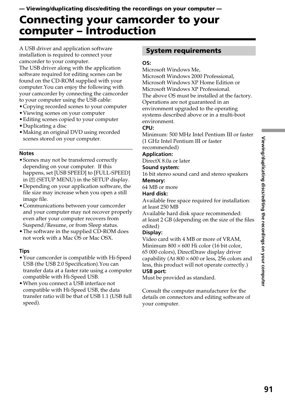 System requirements, Connecting your camcorder to your, Computer – introduction system requirements | Sony DCR-DVD301 User Manual | Page 91 / 148