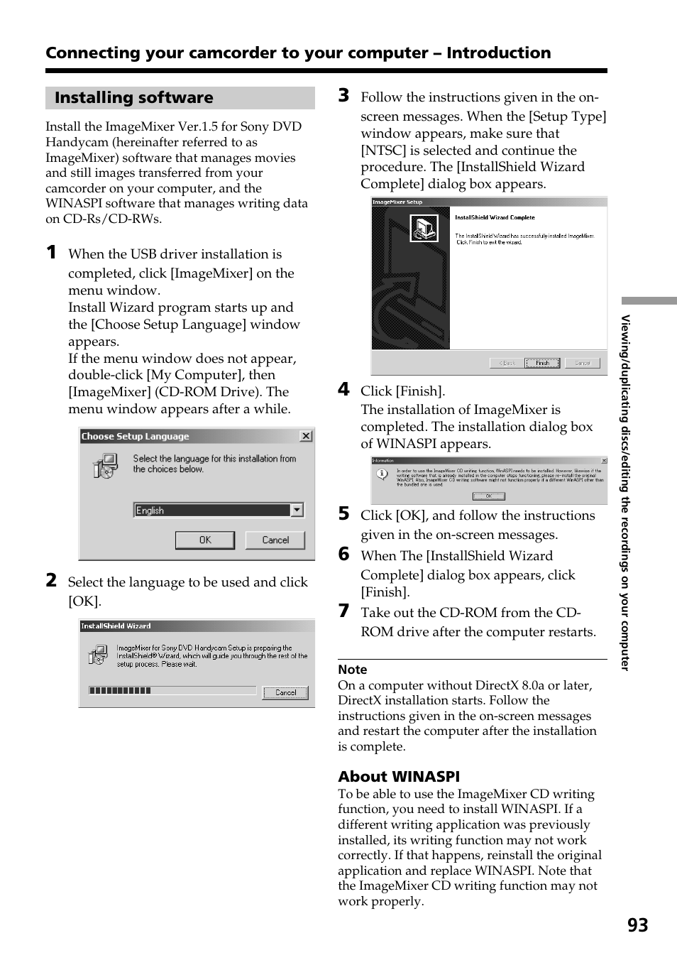 Installing software | Sony DCR-DVD301 User Manual | Page 93 / 148