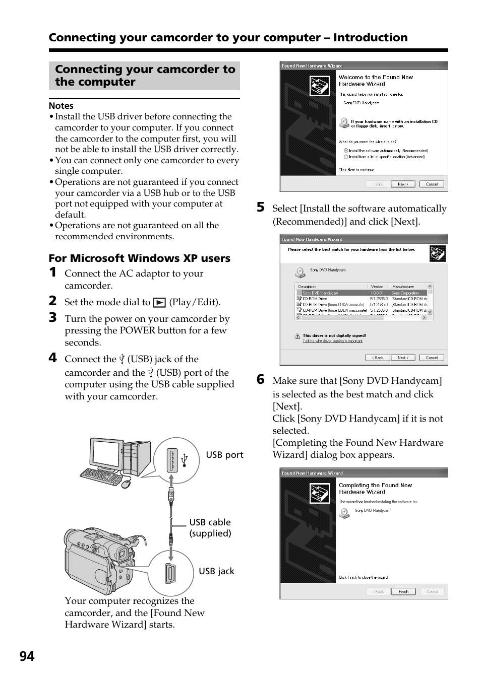 Connecting your camcorder to the computer, Connecting your camcorder to the, Computer | Sony DCR-DVD301 User Manual | Page 94 / 148