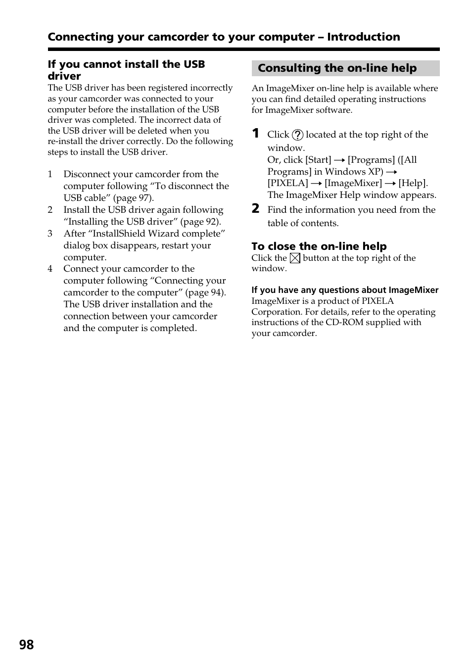 Consulting the on-line help | Sony DCR-DVD301 User Manual | Page 98 / 148