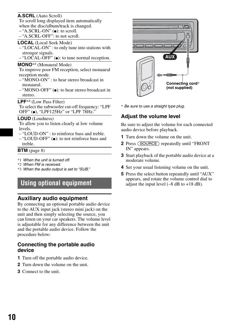 Using optional equipment, Auxiliary audio equipment | Sony CDX-GT22W User Manual | Page 10 / 36