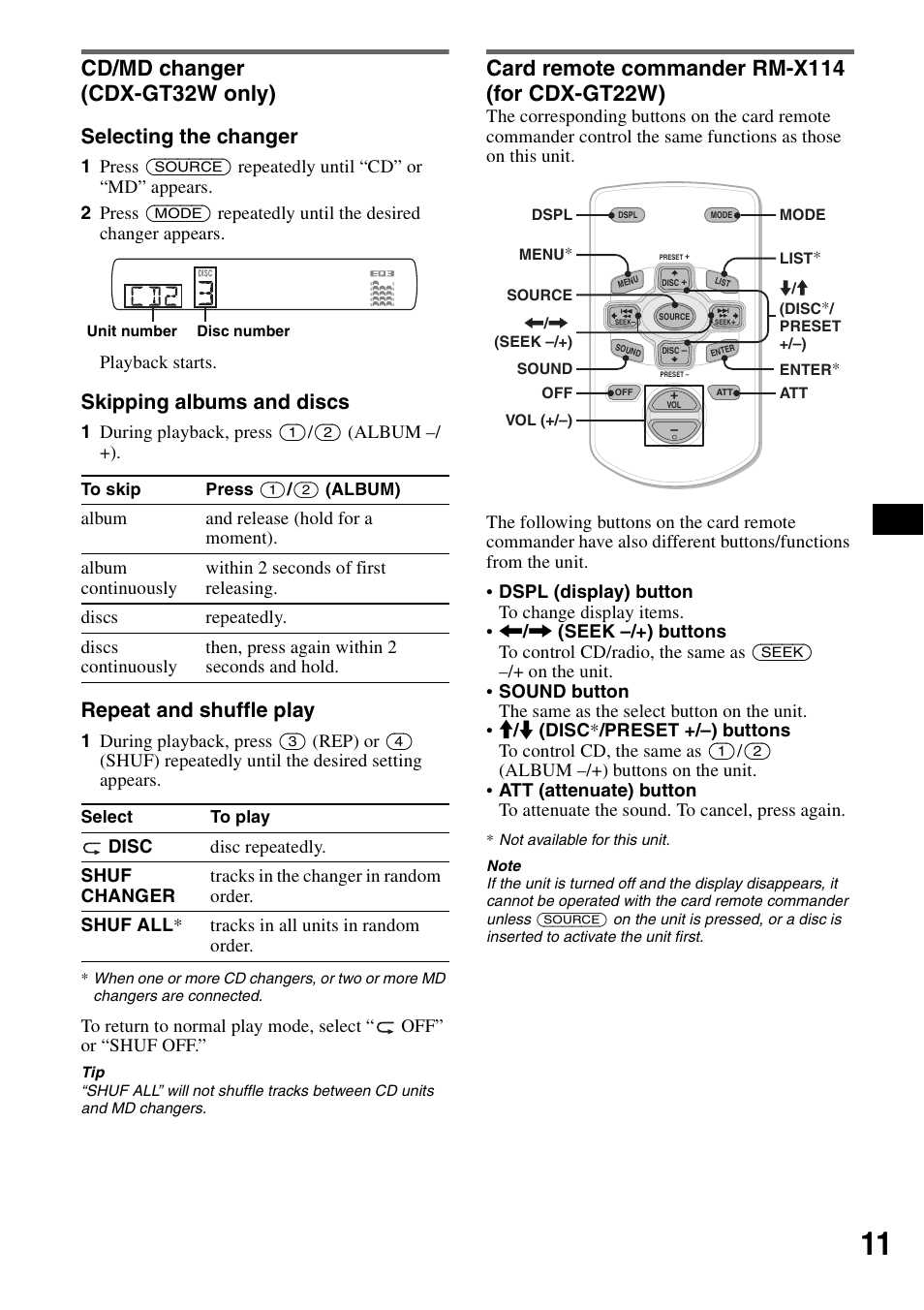 Cd/md changer (cdx-gt32w only), Card remote commander rm-x114 (for cdx-gt22w), Selecting the changer | Skipping albums and discs, Repeat and shuffle play | Sony CDX-GT22W User Manual | Page 11 / 36