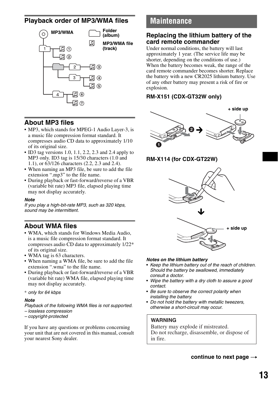 Playback order of mp3/wma files, About mp3 files, About wma files | Maintenance, Playback order of mp3/wma files about mp3 files | Sony CDX-GT22W User Manual | Page 13 / 36